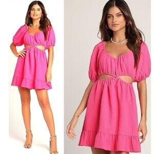 Lulu's Cut-Out Mini Dress Sz L Exceptional AURA PINK Puff Sleeve V-Neck Summer